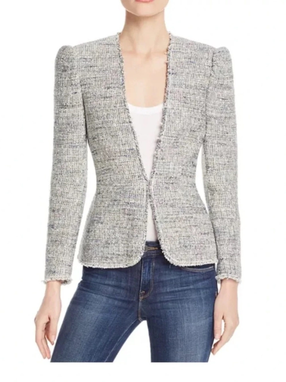 Rebecca Taylor Blue-Gray Tweed Open-Front Jacket with Pink Lining